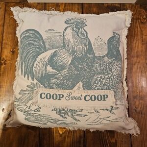 Farmhouse Rooster Throw Pillow "Coop Sweet Coop" Fringed Rustic Decor 16x16